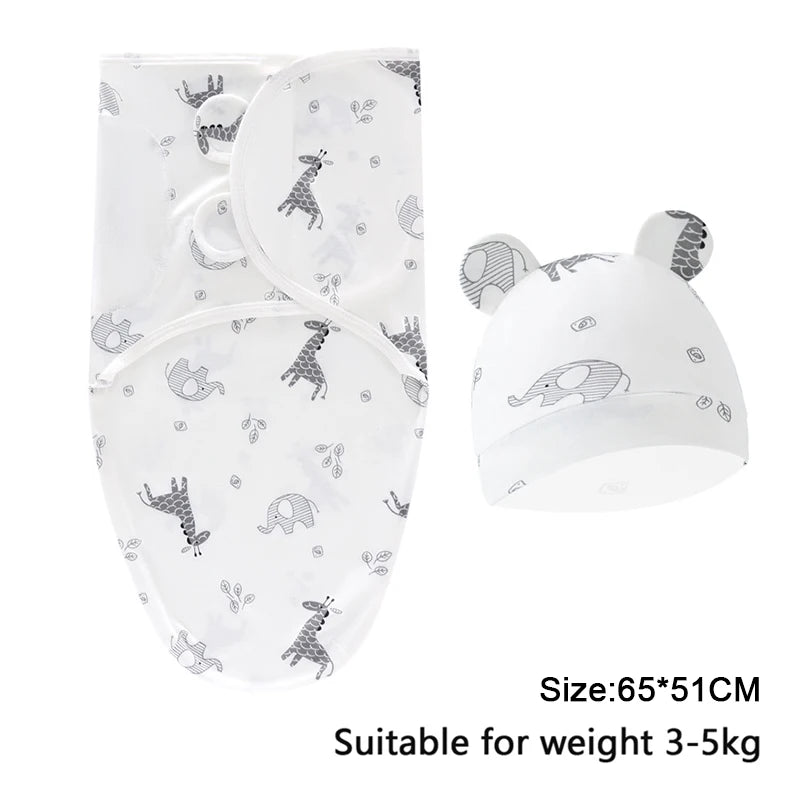 Ensemble de couverture et chapeau pour bébé de 0 à 6 mois, en coton imprimé de dessin animé, emmaillotage réglable pour nouveau-né, enveloppes de couchage pour nourrissons, toutes saisons