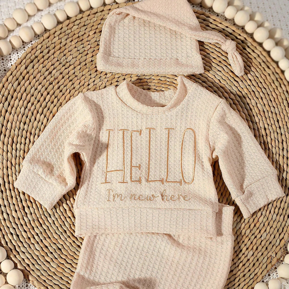 Ylsteed "bonjour" broderie nouveau-né photographie accessoires infantile barboteuse combinaison avec chapeau à nœud bébé à la maison tenue bébé Photo cadeau