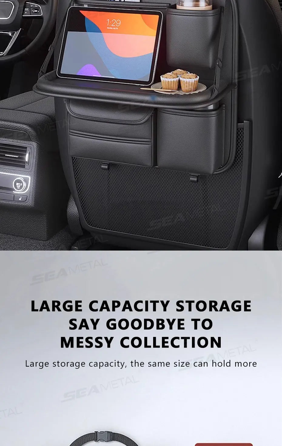 SEAMETAL 8 en 1 sac de rangement pour dossier de siège de voiture avec plateau pliable résistant à l'usure étanche organisateur de siège arrière de voiture porte-mouchoirs/gobelet