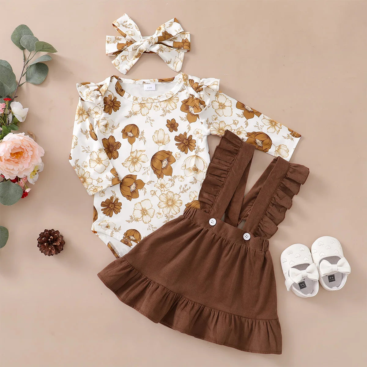 Ensemble de vêtements 3 pièces pour nouveau-né fille, haut floral à manches longues, jupe à bretelles, vêtements de sauna, mode printemps et automne, 0 à 12 mois, 03 tenue