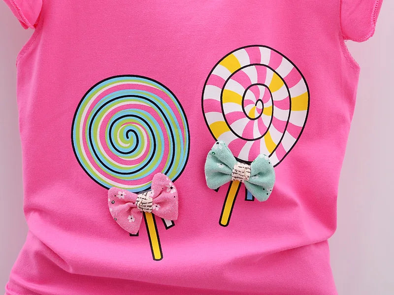 Nouveau bébé filles vêtements ensembles été enfants t-shirts hauts + pantalons courts vêtements costume enfant en bas âge fille sucette imprimé ensembles de vêtements pour bébés