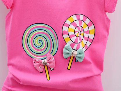 Nouveau bébé filles vêtements ensembles été enfants t-shirts hauts + pantalons courts vêtements costume enfant en bas âge fille sucette imprimé ensembles de vêtements pour bébés