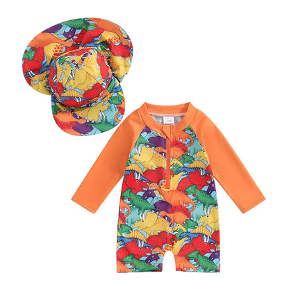 Tregren – maillot de bain pour garçons, protection contre les éruptions cutanées, manches longues, imprimé tortue/dinosaure, avec bonnets de bain, vêtements de plage