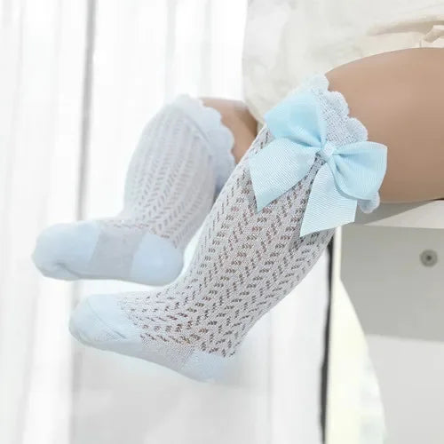 Chaussettes d'été en coton pour bébé fille de 0 à 24 mois, avec nœud en maille et dentelle, aux genoux, pour nouveau-né, princesse, longues, nouvelle collection 2024