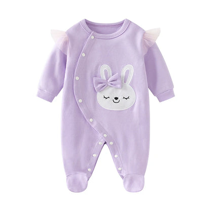 Combinaison printemps et automne pour nouveau-né fille, à manches longues, en pur coton, lapin brodé de dessin animé jaune mignon