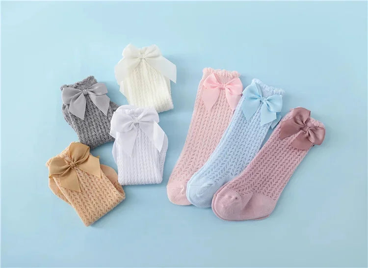 Chaussettes d'été en coton pour bébé fille de 0 à 24 mois, avec nœud en maille et dentelle, aux genoux, pour nouveau-né, princesse, longues, nouvelle collection 2024