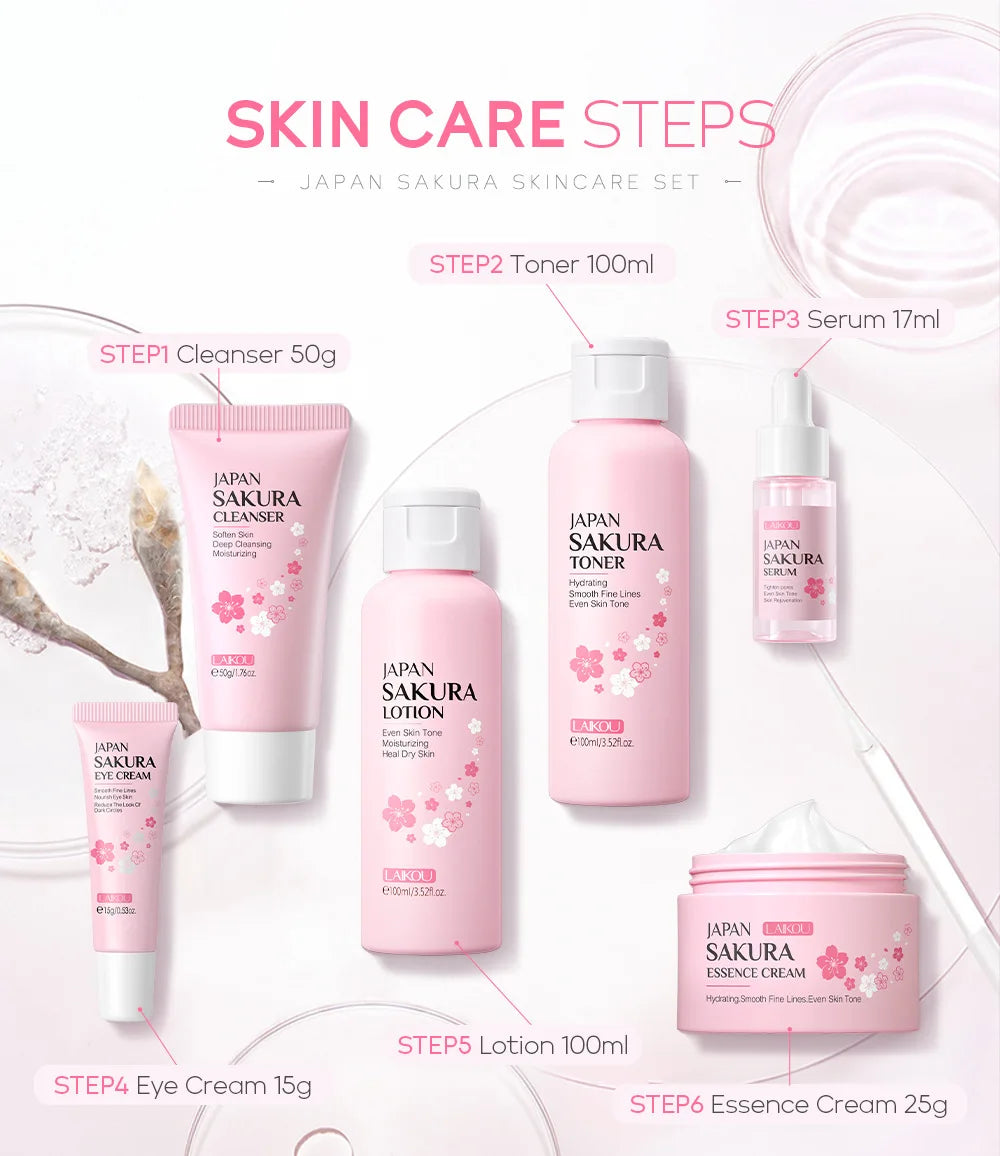 LAIKOU Sakura ensembles de soins de la peau nettoyant pour le visage crèmes pour les yeux crème pour le visage sérum Lotion Toner éclaircissant hydratant Kit de soins du visage