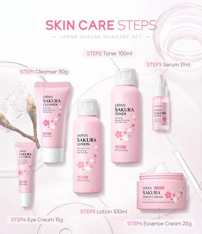 LAIKOU Sakura ensembles de soins de la peau nettoyant pour le visage crèmes pour les yeux crème pour le visage sérum Lotion Toner éclaircissant hydratant Kit de soins du visage