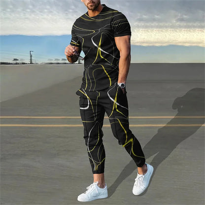 Ensemble de survêtement à manches courtes pour hommes, t-shirt décontracté, olympiques Y-pantalon, vêtements à col rond, mode sportive, fjCasual, 2 pièces