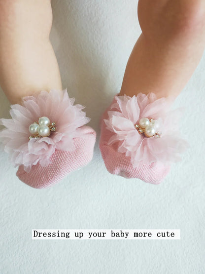 Ensemble de chaussettes et bandeau pour bébé, jolis nœuds en perles, chaussettes antidérapantes en coton, dentelle fleur, bandeau pour nouveau-né, Turban, accessoires pour cheveux de fille
