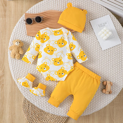 Ensemble de Vêtements pour Bébé Garçon de 0 à 9 Mois, Tenue à Manches sulf, Pantalon, Chapeau et Chaussettes, 4 Pièces/Ensemble, Printemps Automne