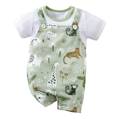 IURNXB-Barboteuse à imprimé animal de zoo pour bébé garçon, costume de batterie deux pièces pour nouveau-né, vêtements de jeu décontractés, manches courtes, faux