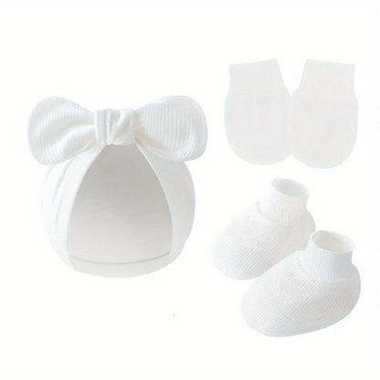 3 pièces/ensemble bébé nœud chapeau gants chaussettes coton nouveau-né Bonnet couleur unie Bonnet pour filles garçons infantile douche cadeaux 0-6M
