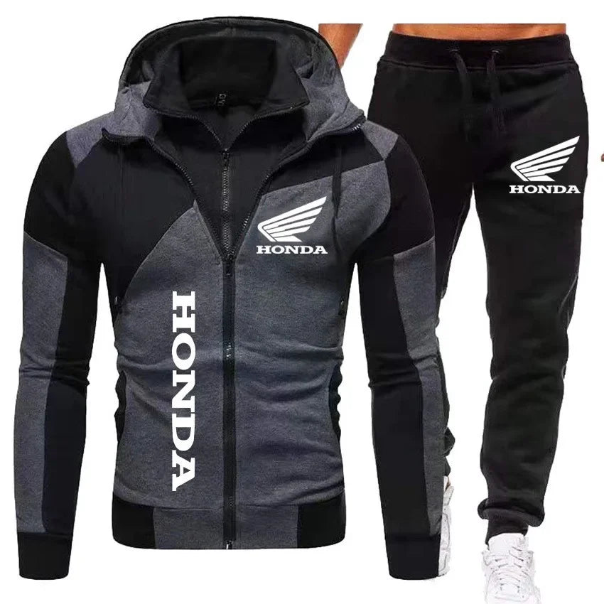 Nouveau ensemble de sport décontracté deux pièces à col montant en pur coton Honda pour hommes avec veste à double fermeture éclair et sweat-shirt à capuche haut ouvert