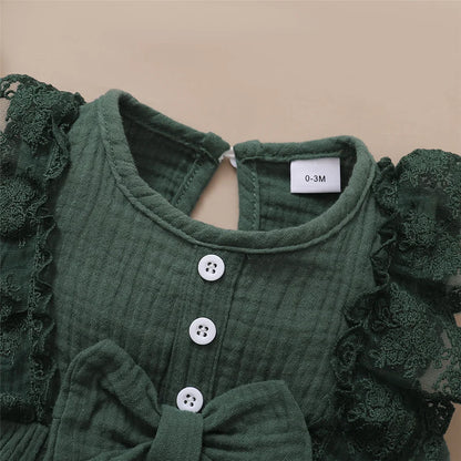 Barboteuse à col rond et nœud en dentelle pour nouveau-né, combinaison décontractée pour bébé fille, bande de sauna, document solide, été, 0-18 mois, nouveau