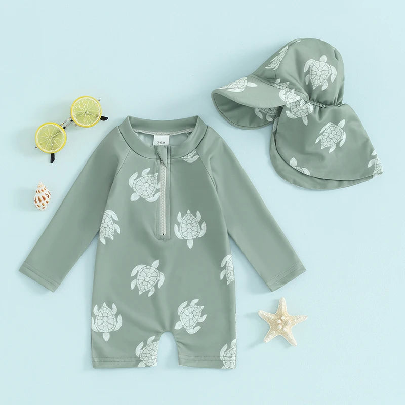 Tregren – maillot de bain pour garçons, protection contre les éruptions cutanées, manches longues, imprimé tortue/dinosaure, avec bonnets de bain, vêtements de plage