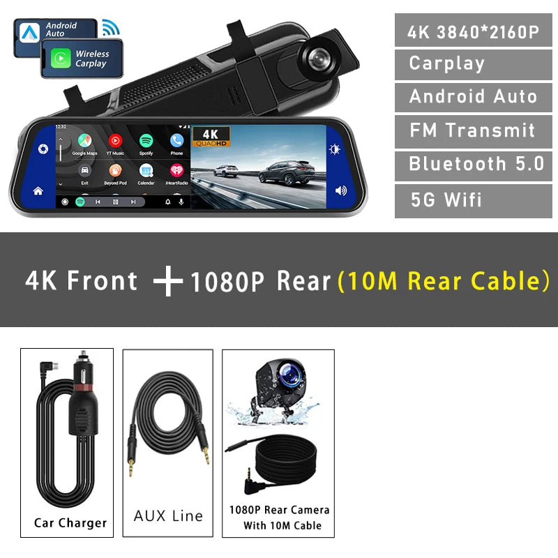 10 "Cam de tableau de bord 4K 3840*2160P voiture Dvr Carplay Android Auto GPS 5G WIFI AUX flux rétroviseur Dashcam caméra lecteur enregistreur FM