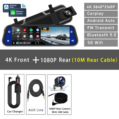 10 "Cam de tableau de bord 4K 3840*2160P voiture Dvr Carplay Android Auto GPS 5G WIFI AUX flux rétroviseur Dashcam caméra lecteur enregistreur FM