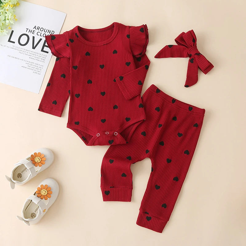 3 pièces bébé fille tenue ensemble nouveau-né enfant en bas âge enfants ensemble de vêtements bébé filles dentelle volants coton body + pantalon + bandeau vêtements