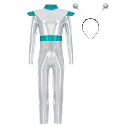 Costume de Cosplay Alien pour filles et garçons, combinaison d'astronaute à manches longues avec cerceau pour cheveux, pour fête de carnaval d'halloween