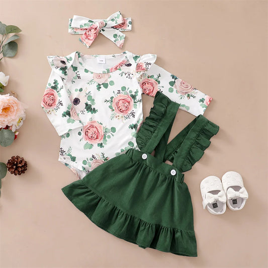 Ensemble de vêtements 3 pièces pour nouveau-né fille, haut floral à manches longues, jupe à bretelles, vêtements de sauna, mode printemps et automne, 0 à 12 mois, 03 tenue