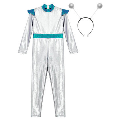 Costume de Cosplay Alien pour filles et garçons, combinaison d'astronaute à manches longues avec cerceau pour cheveux, pour fête de carnaval d'halloween