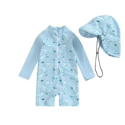 Tregren – maillot de bain pour garçons, protection contre les éruptions cutanées, manches longues, imprimé tortue/dinosaure, avec bonnets de bain, vêtements de plage