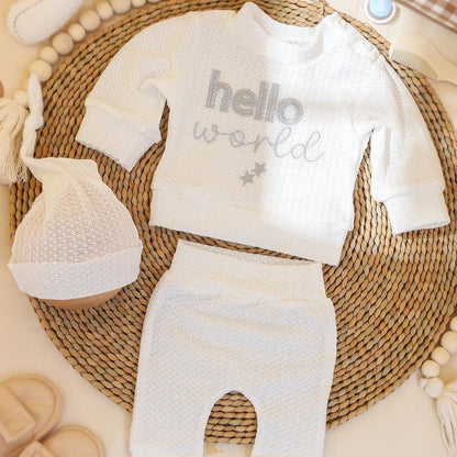 Ylsteed "bonjour" broderie nouveau-né photographie accessoires infantile barboteuse combinaison avec chapeau à nœud bébé à la maison tenue bébé Photo cadeau