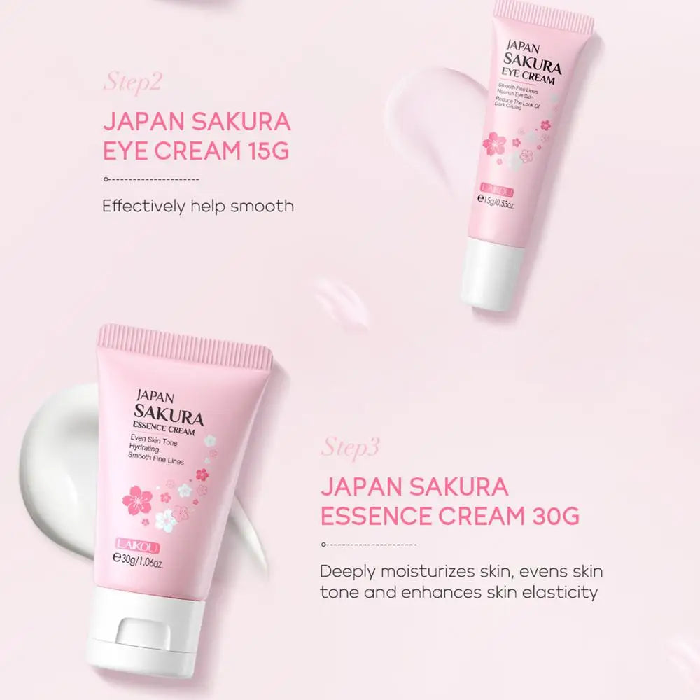 Coffret de soins pour le visage Crème nettoyante Sakura Essence Tonique hydratant blanchissant et anti-âge Crème pour les yeux Sérum pour le visage Soins de la peau pour les yeux