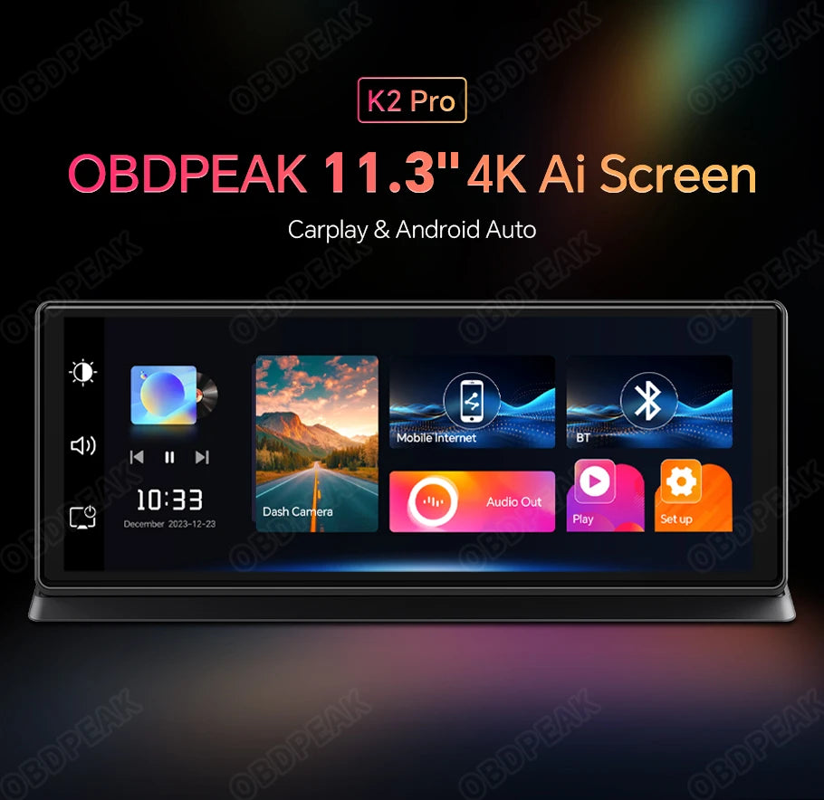 Caméra de tableau de bord sans fil pour voiture, K2 Pro, DVR 4K, Carplay, Android Auto, écran AI, enregistreur vidéo Len pour touristes, navigation GPS, tableau Prada, 11.3 pouces
