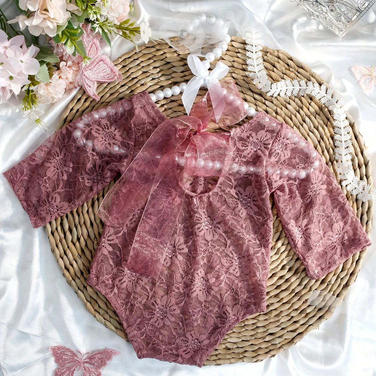 Ylsteed – ensemble 2 pièces pour nouveau-né, barboteuse en dentelle, tenues de photographie pour nourrissons avec bandeau assorti, accessoires de prise de vue Photo pour bébé fille