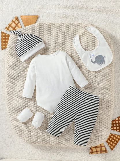 Ensemble 4 pièces pour bébé garçon, pantalon, chapeau, gants, bavoir, streetwear, dessin animé, éléphant, toutes saisons, mode