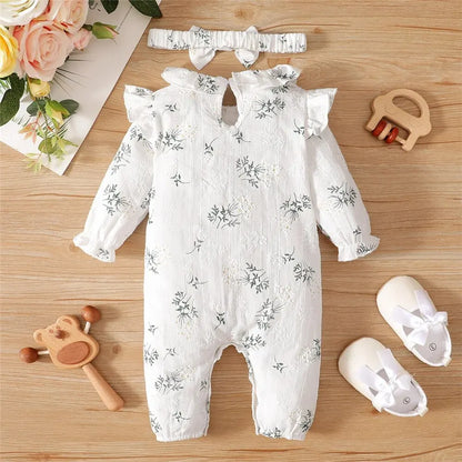 Body pour nouveau-né fille de 0 à 18 mois, imprimé Floral, barboteuse à manches longues avec bandeau, vêtements de printemps et d'automne