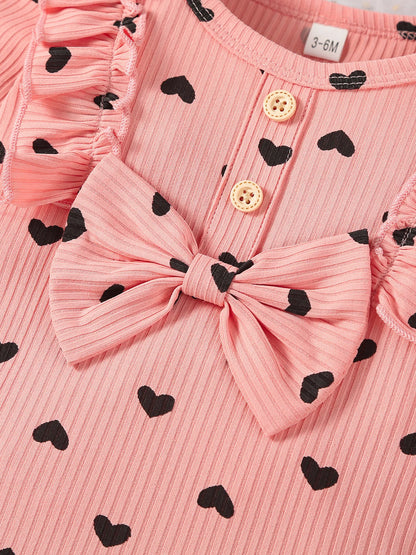 Kukitty – ensemble de vêtements 3 pièces pour nouveau-né fille, barboteuse à manches longues, imprimé cœur, haut et pantalon, bandeau, tenues en tricot