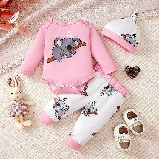 0-18 mois nouveau-né bébé mignon Koala combinaison + pantalon + chapeau trois pièces ensemble bébé fille printemps et automne ensemble bébé vêtements