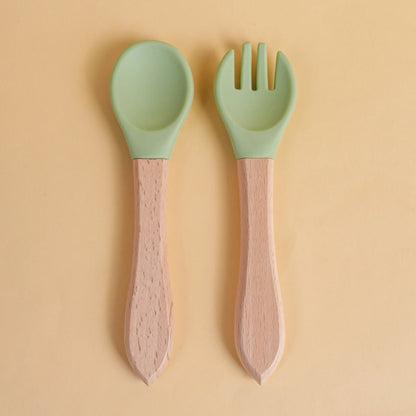 2 pièces/ensemble vaisselle bébé cuillère fourchette ensemble enfants Silicone bois alimentation formation bébé vaisselle couverts bébé alimentation fournitures