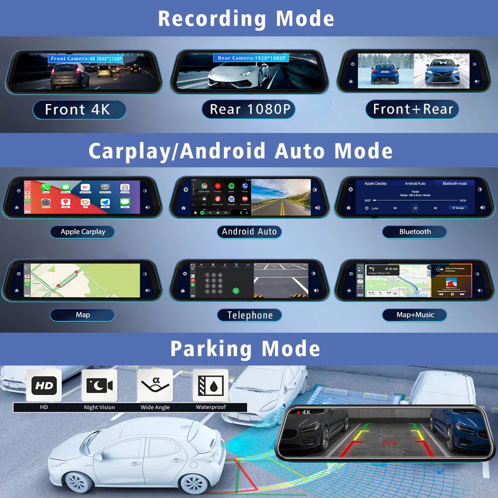 10 "Cam de tableau de bord 4K 3840*2160P voiture Dvr Carplay Android Auto GPS 5G WIFI AUX flux rétroviseur Dashcam caméra lecteur enregistreur FM