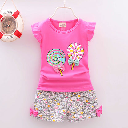 Nouveau bébé filles vêtements ensembles été enfants t-shirts hauts + pantalons courts vêtements costume enfant en bas âge fille sucette imprimé ensembles de vêtements pour bébés