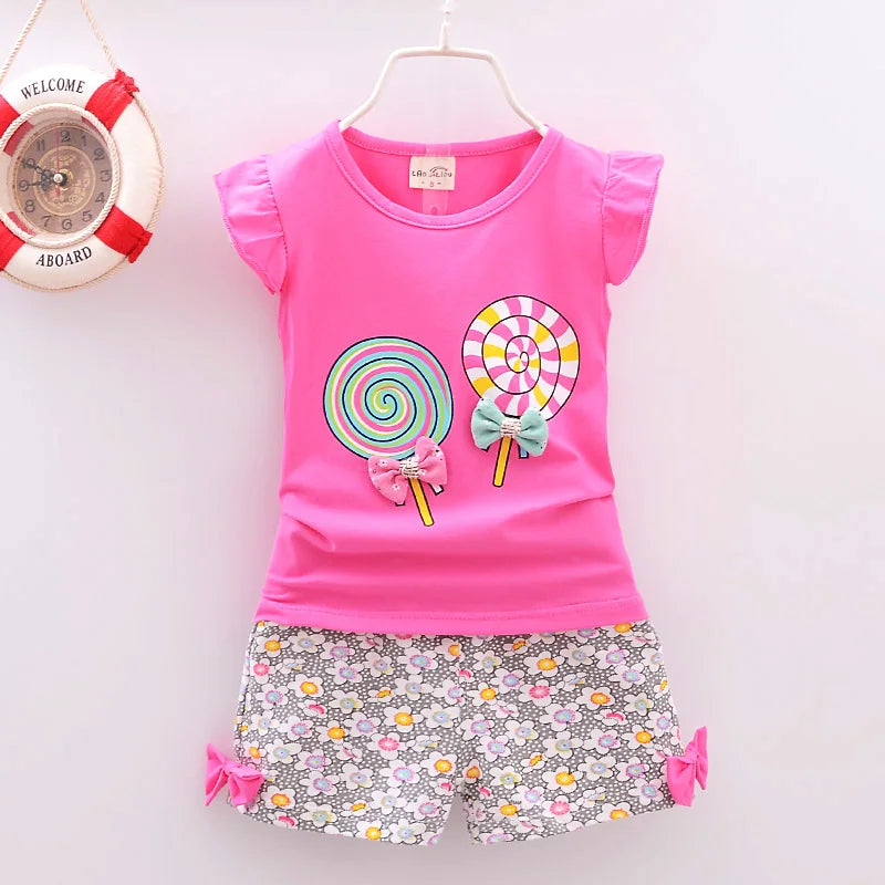 Nouveau bébé filles vêtements ensembles été enfants t-shirts hauts + pantalons courts vêtements costume enfant en bas âge fille sucette imprimé ensembles de vêtements pour bébés