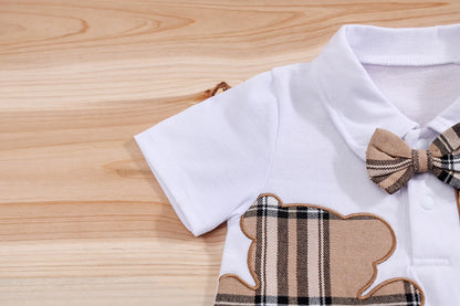 IURNXB – ensemble de vêtements pour bébé, 2 pièces, manches courtes, body ours à carreaux + pantalon à bretelles, tenues pour nouveau-né de 1 à 18 mois