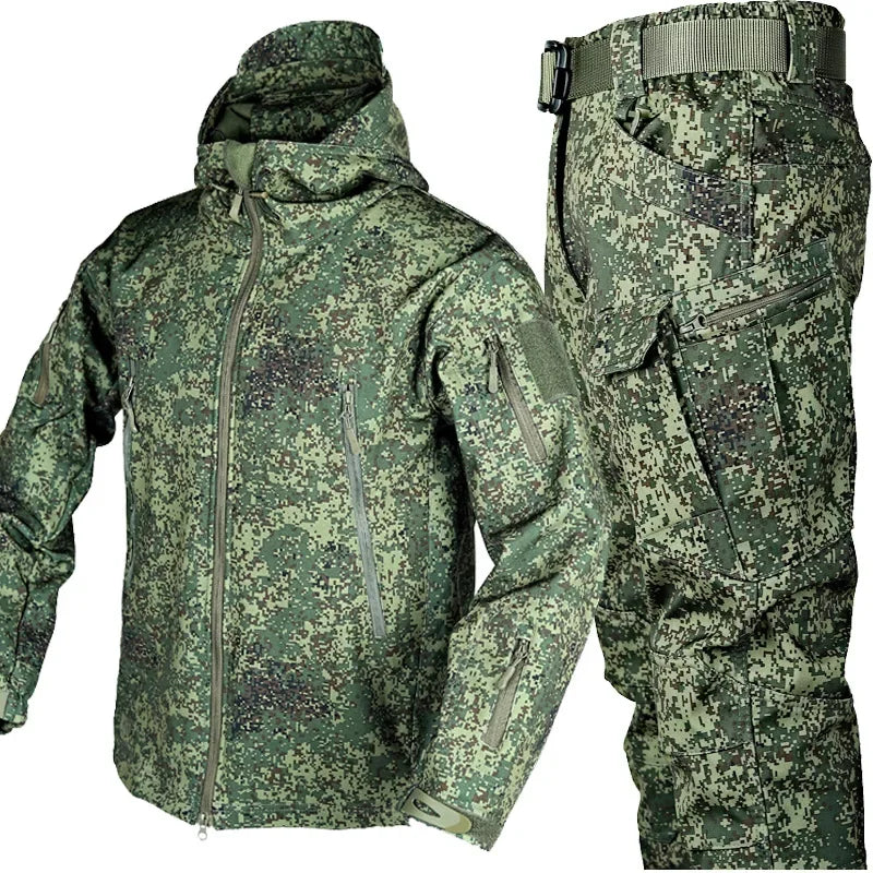 Combinaison camouflage épaisse pour hommes, ensemble d'entraînement tactique imperméable, veste à capuche multi-poches, pantalon polaire, chasse en plein air, 2 pièces, hiver