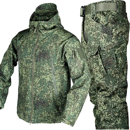 Combinaison camouflage épaisse pour hommes, ensemble d'entraînement tactique imperméable, veste à capuche multi-poches, pantalon polaire, chasse en plein air, 2 pièces, hiver