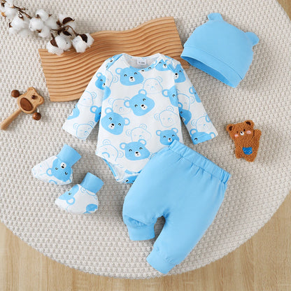 Ensemble de Vêtements pour Bébé Garçon de 0 à 9 Mois, Tenue à Manches sulf, Pantalon, Chapeau et Chaussettes, 4 Pièces/Ensemble, Printemps Automne