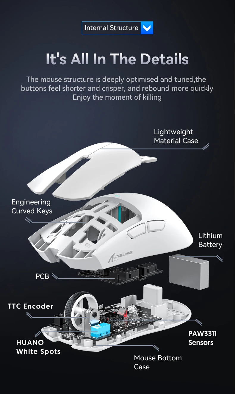 ATTACK SHARK X11 Souris de jeu sans fil légère avec rétroéclairage RVB, jusqu'à 22 K DPI, capteur optique PAW3311, commutateur HUYU