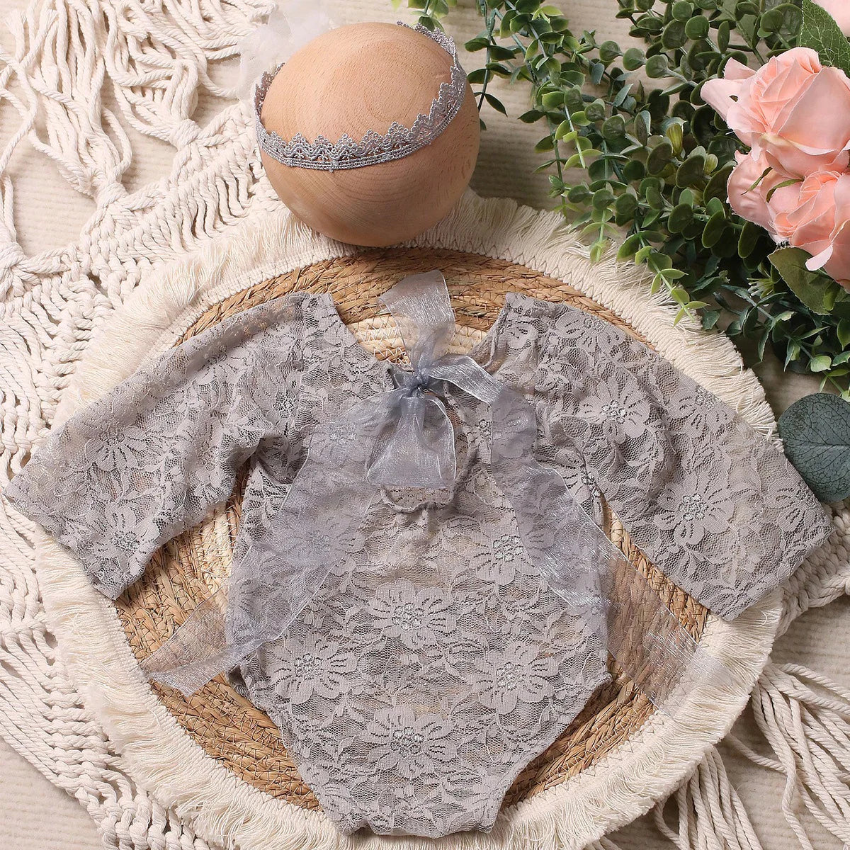 Ylsteed – ensemble 2 pièces pour nouveau-né, barboteuse en dentelle, tenues de photographie pour nourrissons avec bandeau assorti, accessoires de prise de vue Photo pour bébé fille