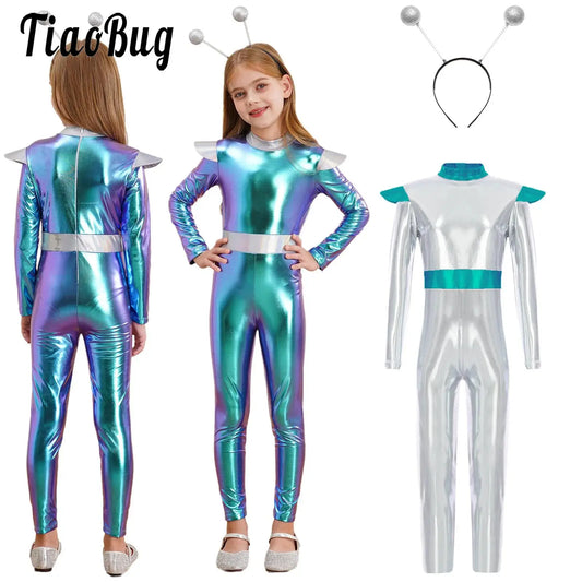 Costume de Cosplay Alien pour filles et garçons, combinaison d'astronaute à manches longues avec cerceau pour cheveux, pour fête de carnaval d'halloween