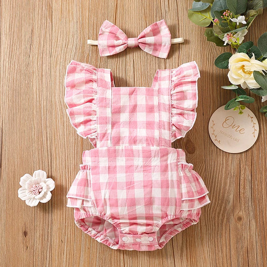 Manches volantes en coton à carreaux pour nouveau-né fille, tenue d'escalade imbibée de fesses + vêtements de sauna