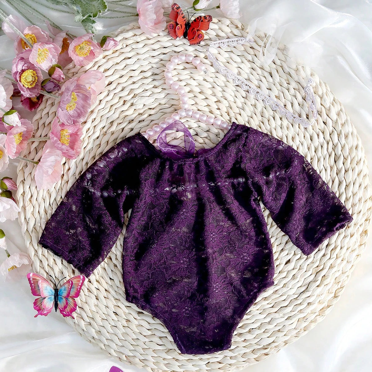 Ylsteed – ensemble 2 pièces pour nouveau-né, barboteuse en dentelle, tenues de photographie pour nourrissons avec bandeau assorti, accessoires de prise de vue Photo pour bébé fille