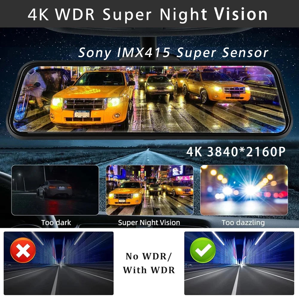 10 "Cam de tableau de bord 4K 3840*2160P voiture Dvr Carplay Android Auto GPS 5G WIFI AUX flux rétroviseur Dashcam caméra lecteur enregistreur FM