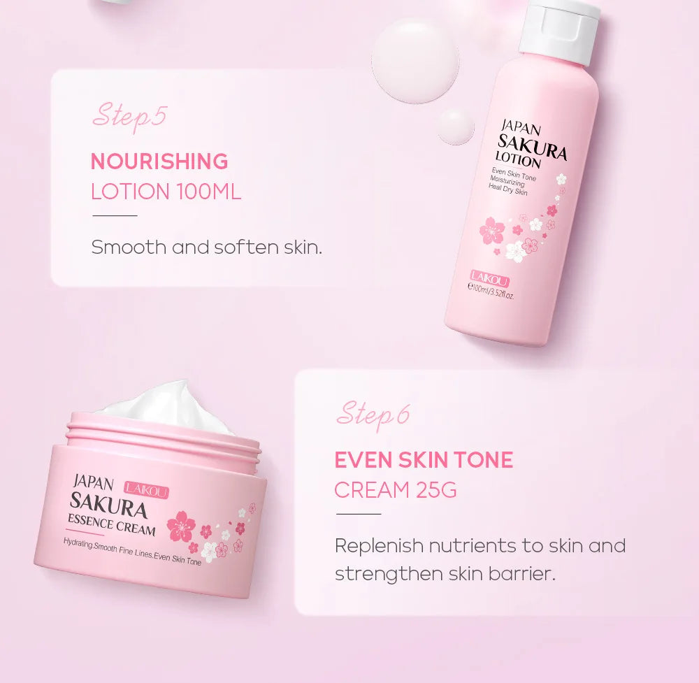 LAIKOU Sakura ensembles de soins de la peau nettoyant pour le visage crèmes pour les yeux crème pour le visage sérum Lotion Toner éclaircissant hydratant Kit de soins du visage